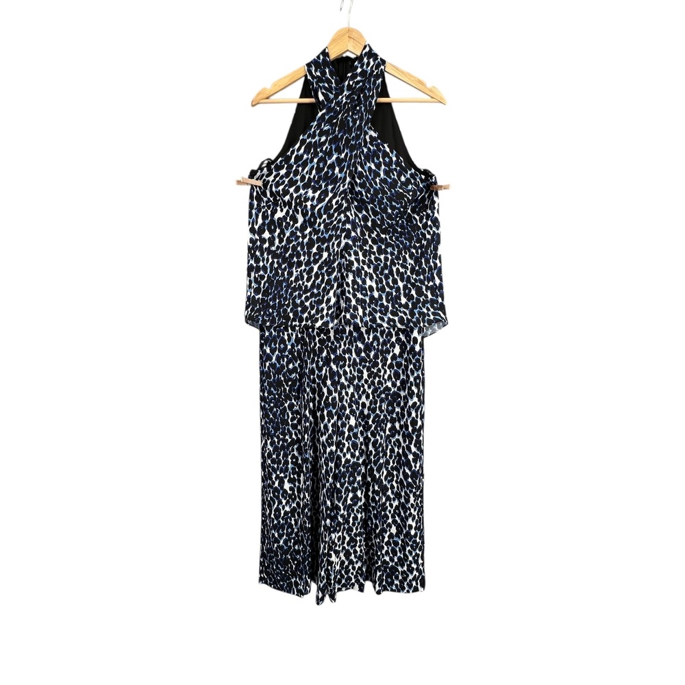 LE GALI Jumpsuit‎ Blue Black Leopard Print Halter Popover Wide Leg Size S New